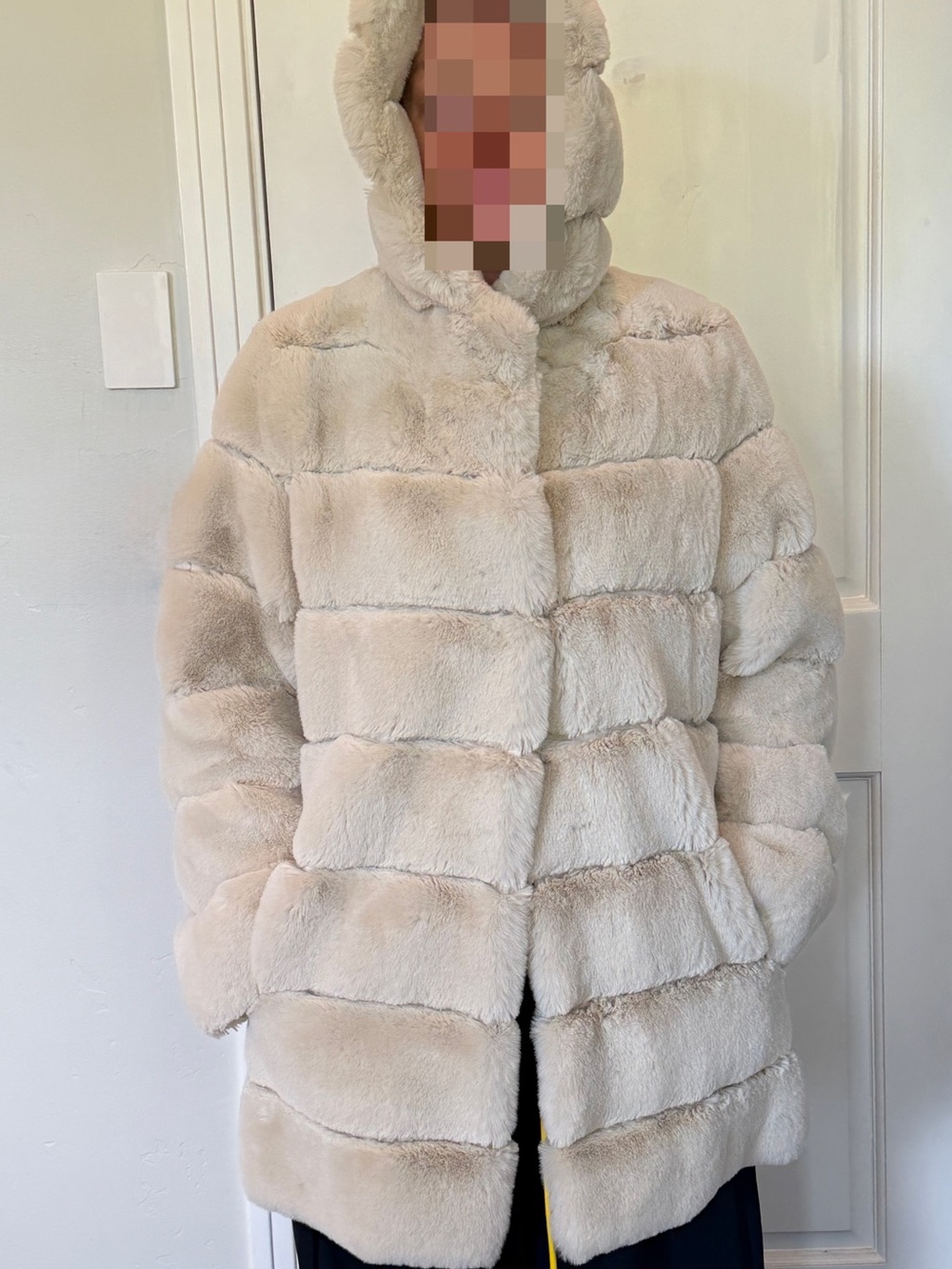 BCBGMaxAzria Luxurious Cream Hooded Faux Fur Jacket